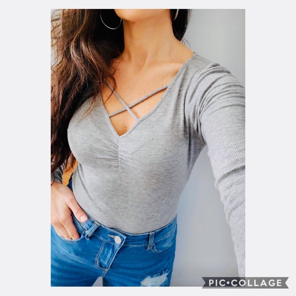 Grey ribbed cris cross bodysuit